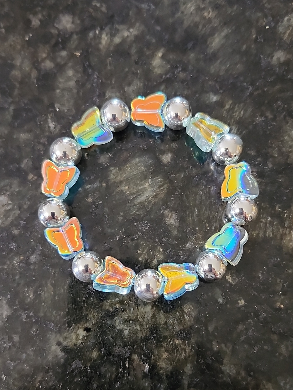 Handmade Iridescent AB Glass Butterfly & Silver Hematite Bead Stretch Bracelet